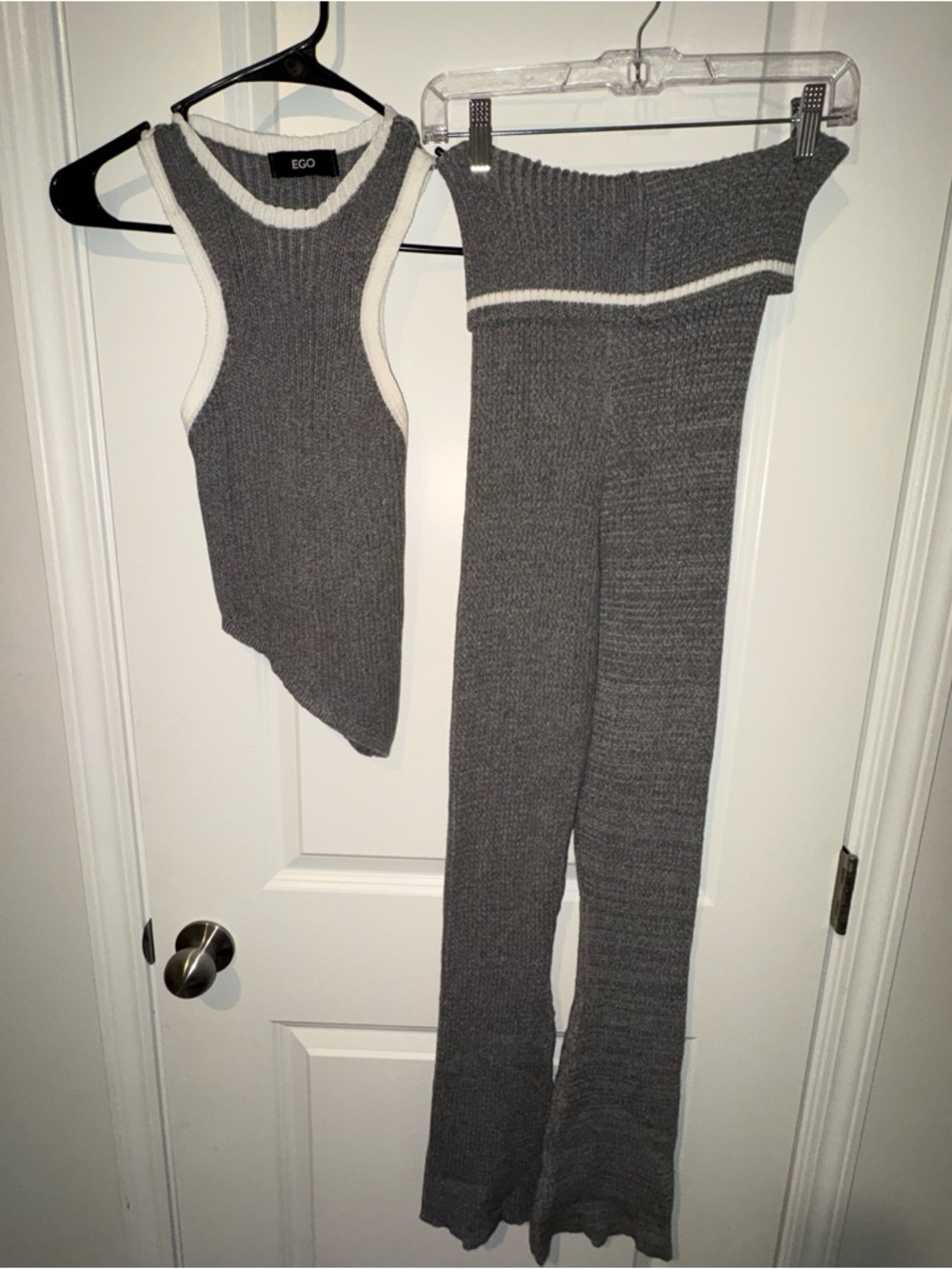 EGO Gray Ribbed Flare Pants & Tank Set with White Trim - Picture 4 of 7